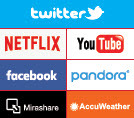 Logos for Twitter, Netflix, YouTube, Facebook, Pandora, Mirashare and AccuWeather