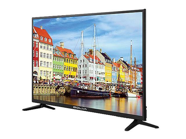 The BOLVA 50BL00H7 Display Facing to the left with a picture of a daytime European canal by a residential district