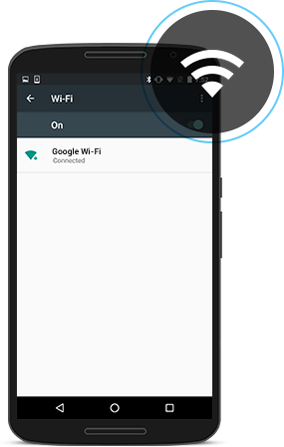 Smartphone with the wi-fi settings screen open. The Wifi logo is in the top right corner of the phone