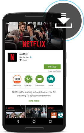 Smartphone with the Netflix app store page open and the download graphic in the top-right corner of the smartphone