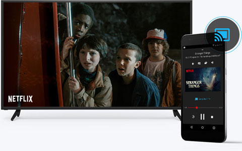Smart TV Facing Forward with a Screenshot of Netflix's Stranger Things on Screen. To the right forefront of the TV is a smartphone angled to the left with Netflix being chromecast, in the top right of the smartphone is cast to screen icon