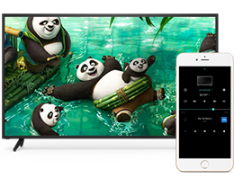 Vizio smart TV showing a screenshot from the movie Kung Fu Panda with a smartphone in the right forefront