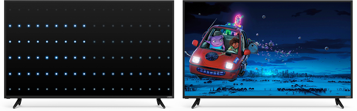 Two VIZIO TVs, the one to the left is showing its leds and the right TV is showing a screenshot from the animated movie 'home'
