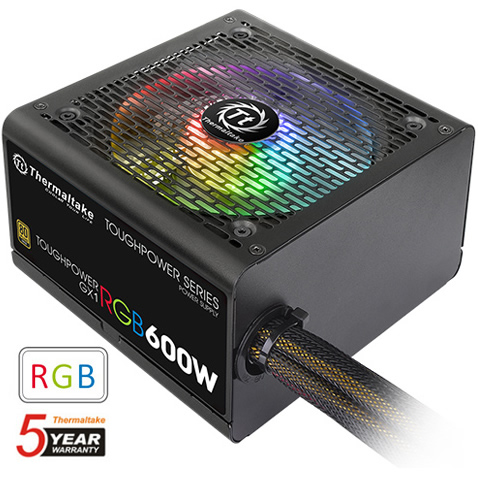 Thermaltake Toughpower GX1 PS-TPD-0600NNFAGU-1  Power Supply Angled Away to the Left, Next to the RGB and Thermaltake 5-Year Warranty Badge