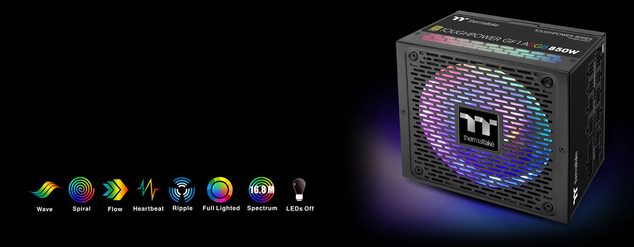  The power supply on display in standing position, with RGB lighting on. Next to it on the left are icons and texts for eight lighting modes 