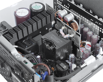   Internal view of the power supply, showing various components 