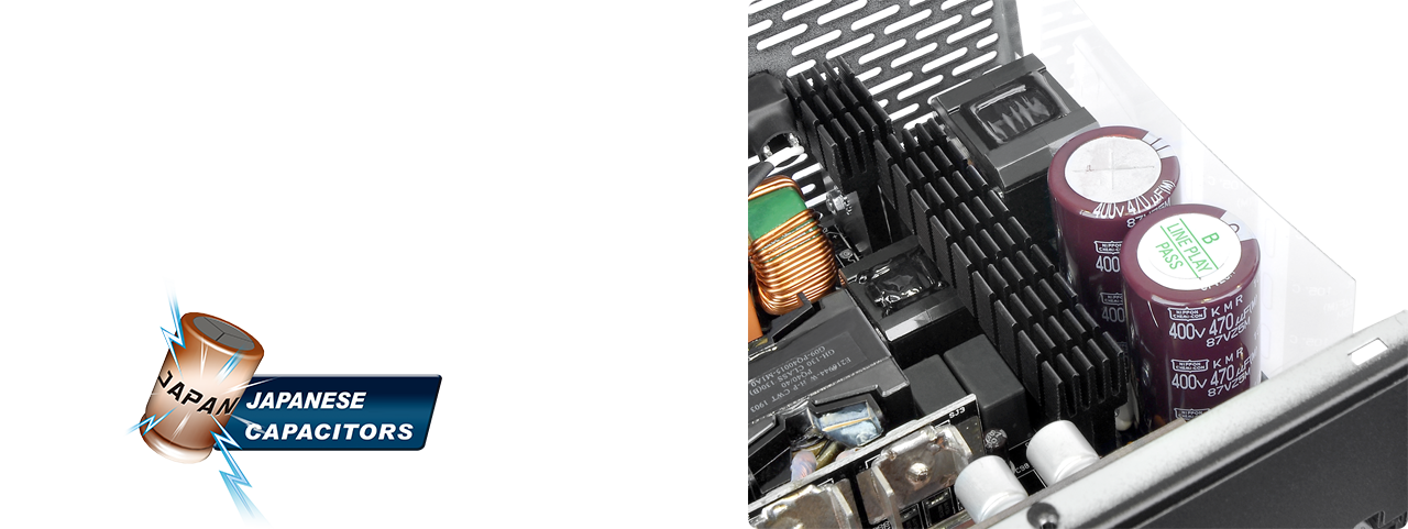 Closeup of capacitors of the power supply. Next to it on the left is a capacitor marked with “Japanese Capacitors”  