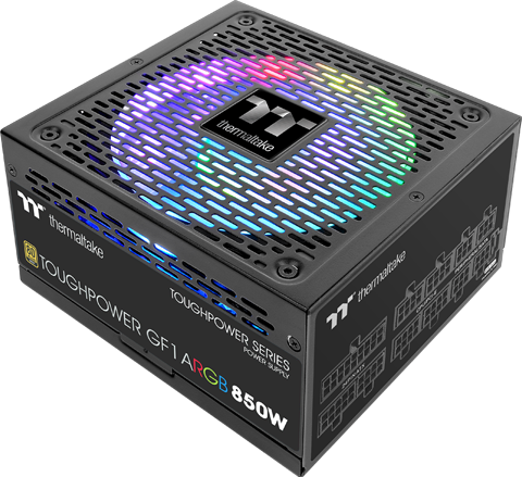 Top angle view of the power supply, with RGB lighting turned on and shining through mesh cover   