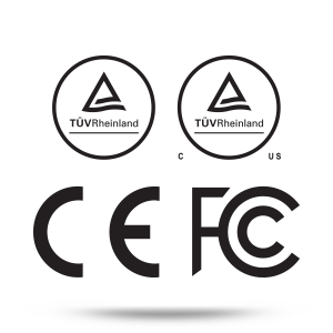 TUV Rheinaland, CE and FCC logos