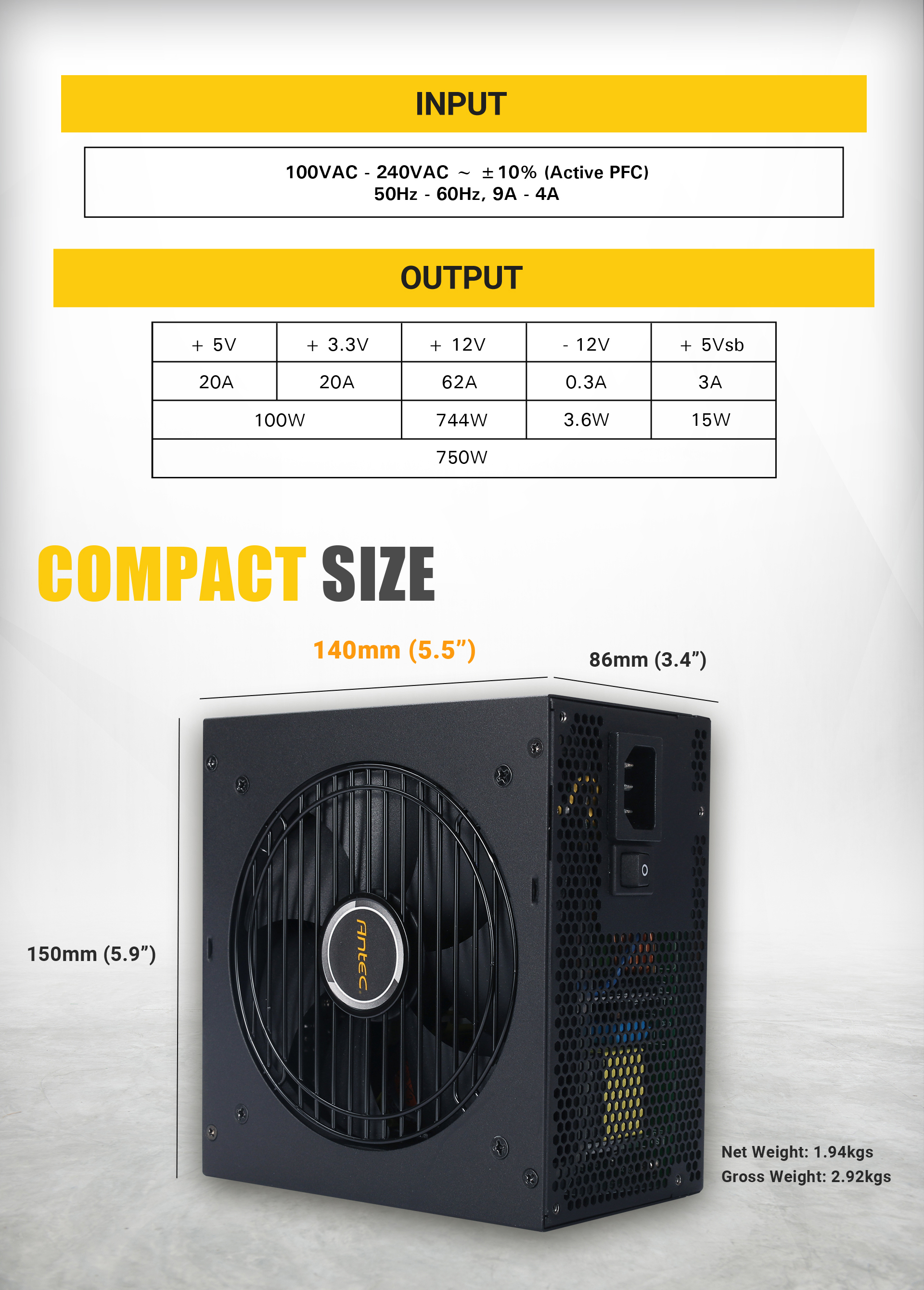 Input and Output Specs for the Antec NeoECO Power Supply Above the Power Supply Angled to the Left with Text and graphics indicating its compact size of 3.4 inches height, 5.5 inches width and 5.9 inch length, along with a net weight of 1.94kg and gross weight of 2.92kg