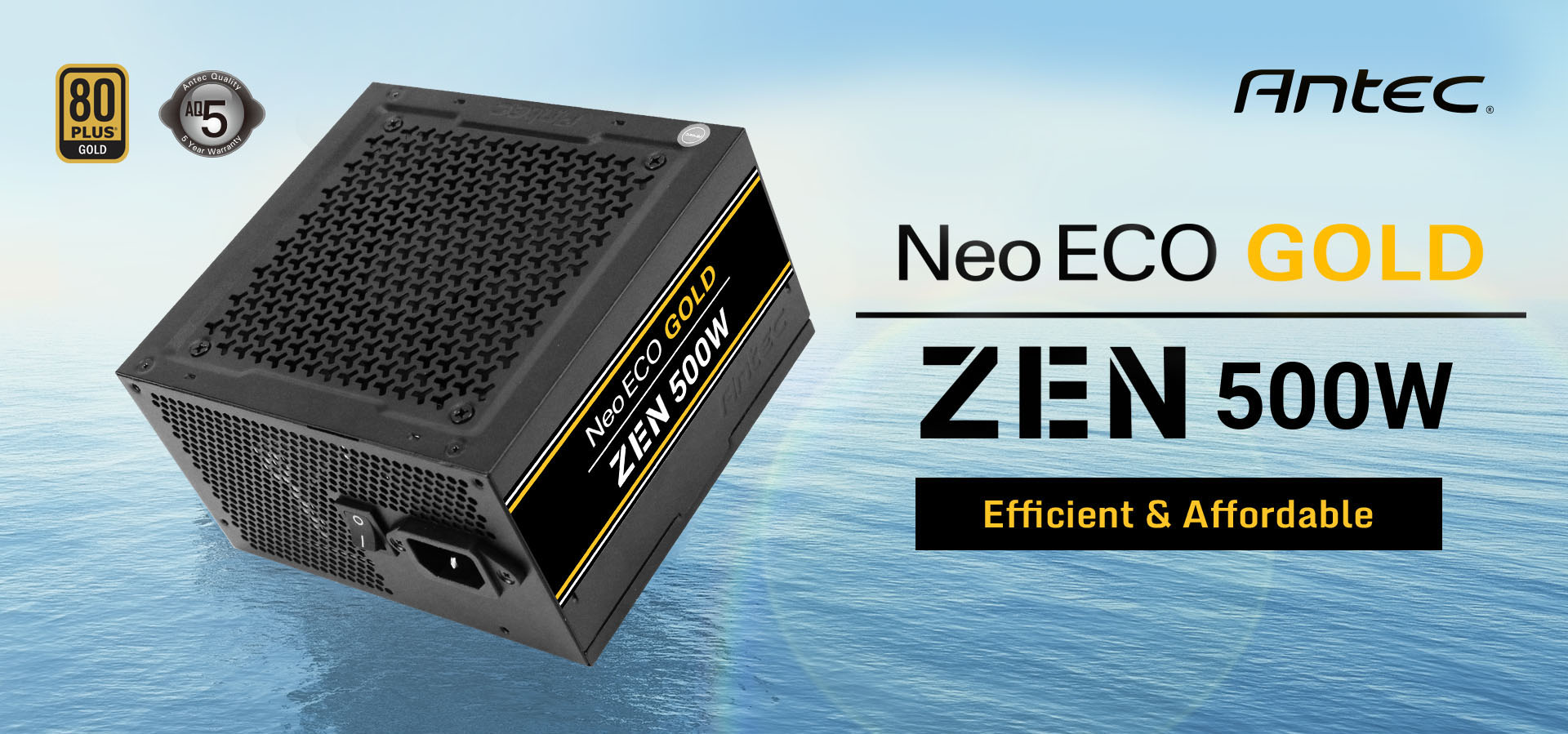 Antec NeoECO Gold ZEN Series NE500G ZEN Power Supply side view and Antec logo