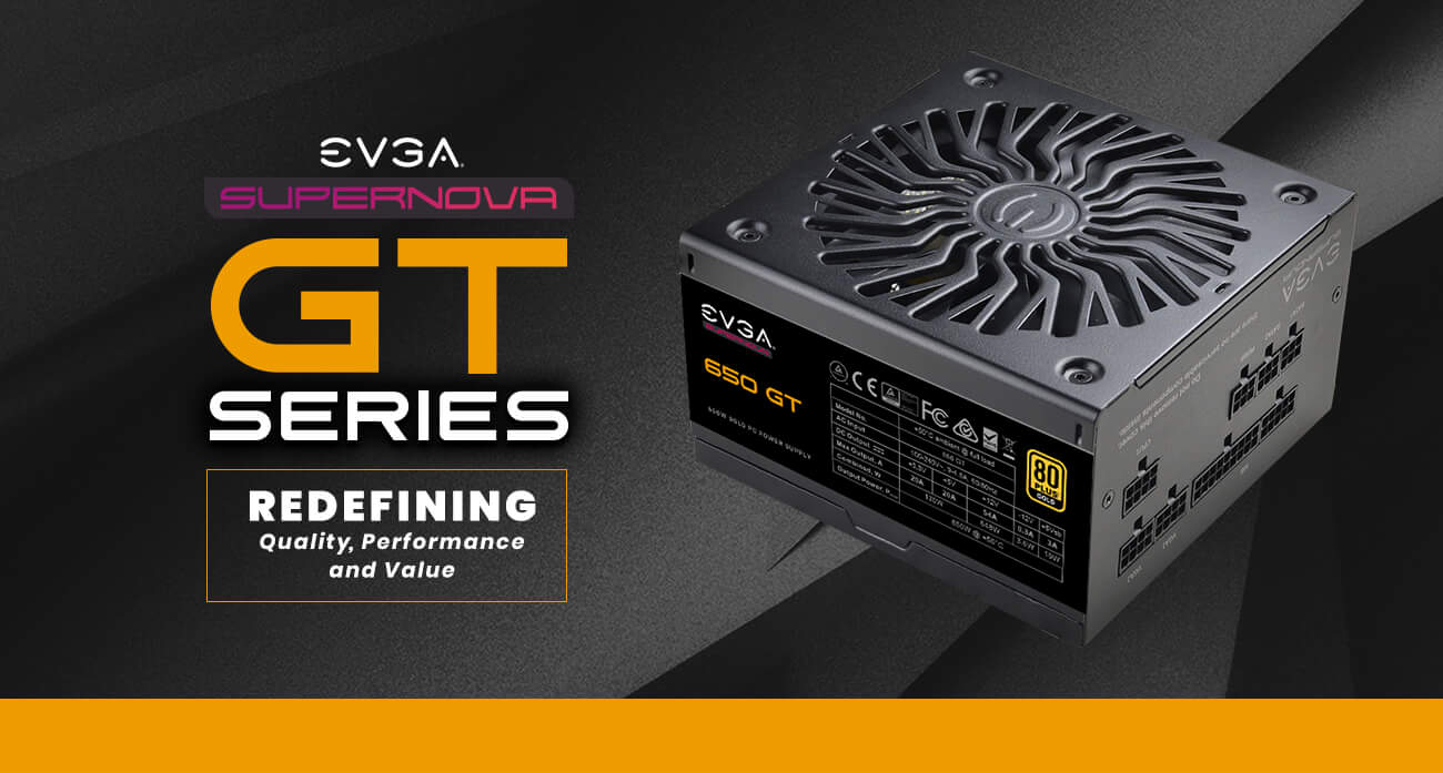 EVGA SuperNOVA 650 GT Power Supply side view and EVGA logo