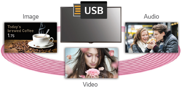 LG commercials displays on a pink circle with text and graphics indicating USB, image, video and audio