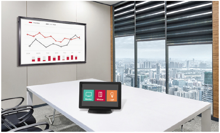 LG commercial display mounted in an office meeting room