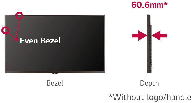 LG commercial display showing the front and size of its 60.6mm bezel without logo or handle