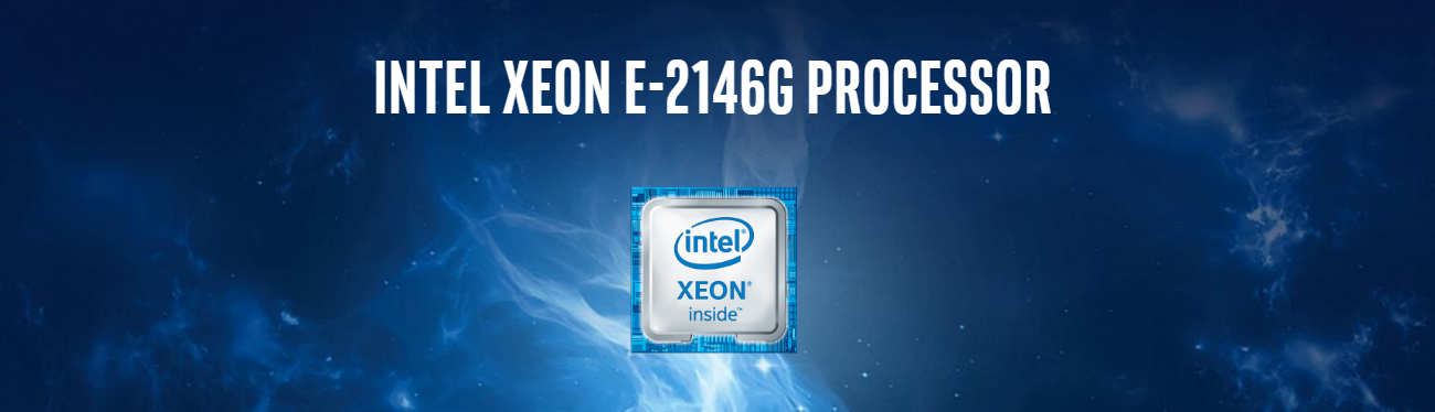 Intel Xeon E-2146G processor logo against a deep blue background