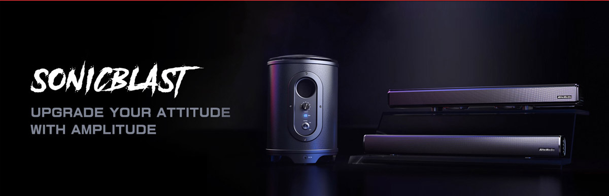 AverMedia SonicBlast Subwoofer and Speaker Bars Next to Text That Reads: UPGRADE YOUR ATTITUDE WITH AMPLITUDE