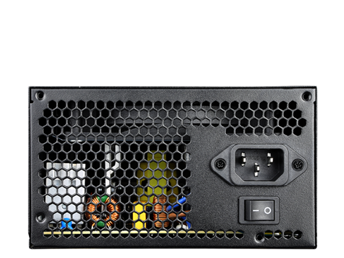 The side which has a connector to a power adapter and an on/off switch is on display
