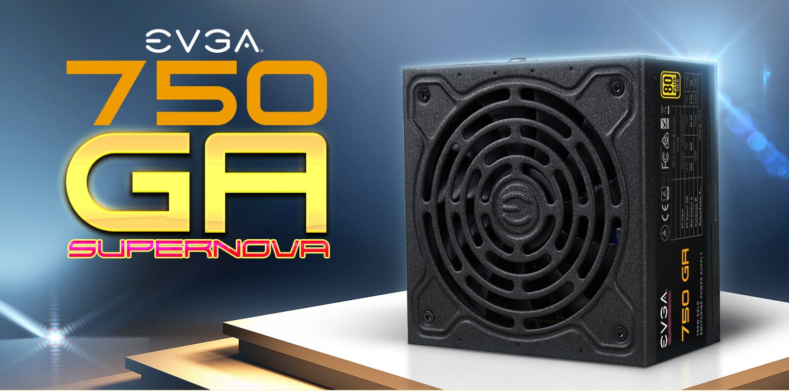 EVGA SuperNOVA 750 GA Fully Modular Power Supply facing forward and EVGA logo