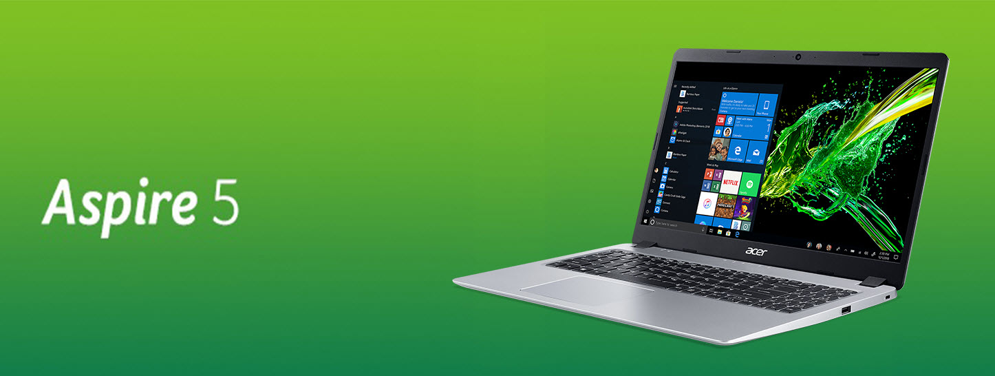 Acer Aspire 5 Laptop Open and Angled to the Left on a Green Background