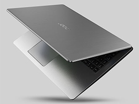 Slightly Open Acer Aspire 5 Laptop Standing on Its Bottom Right Corner