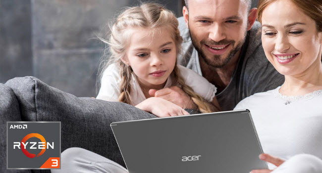 A Family of Three Sharing a Laptop Next to Each Other, with teh AMD Ryzen 3 Logo in the Corner
