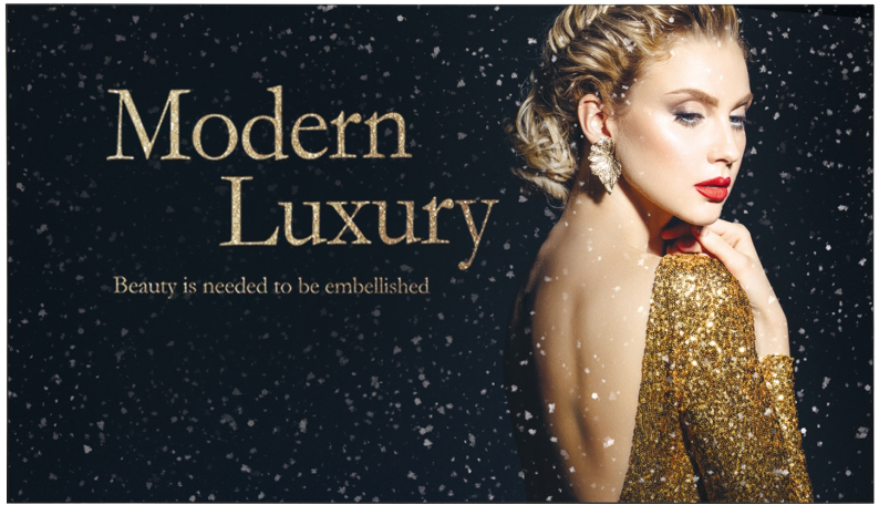 LG commercial display showing 'Modern Luxury Beauty is needed to be embellished' with a blonde woman in a sparkling gold dress