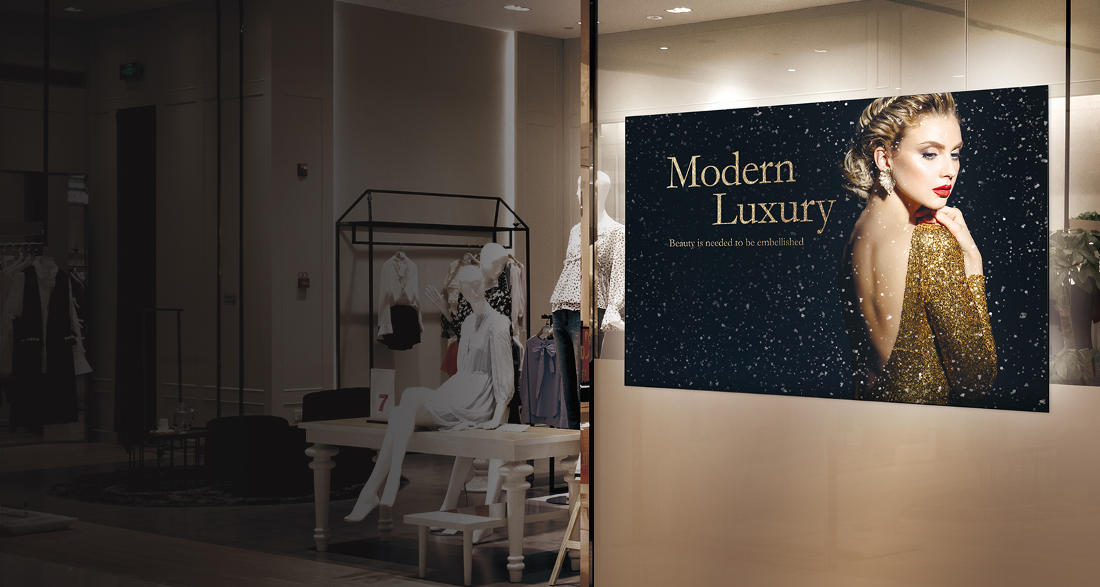 The LG commercial display at a fashion show showcasing 'Modern Luxury' and a woman in a gold dress