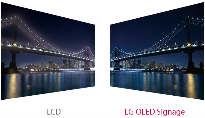 A graphic showcasing two commercial displays, the first is a bland-colored LCD and the second consists of bright, popping colors for LG OLED Signage