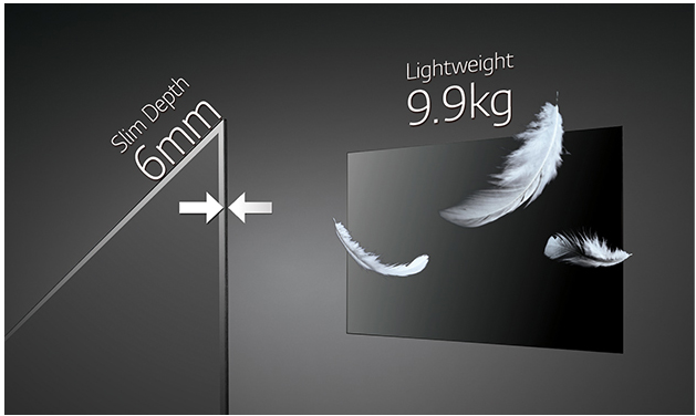 A graphic showing the edge of an LG commercial display with Slim Depth of 6mm, and an entire LG commercial display with feathers floating in front of it and the words 'lightweight 9.9kg.