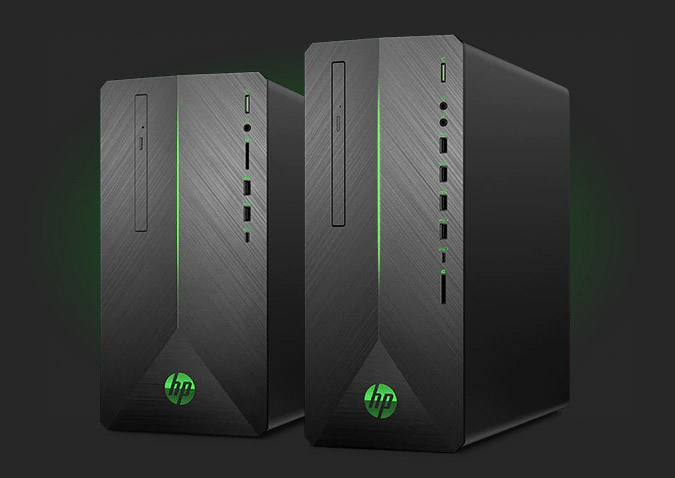 Two Pavilion 690 desktops with different form factors are slightly tilted to the left to show the green HP logo and middle trim lighting.