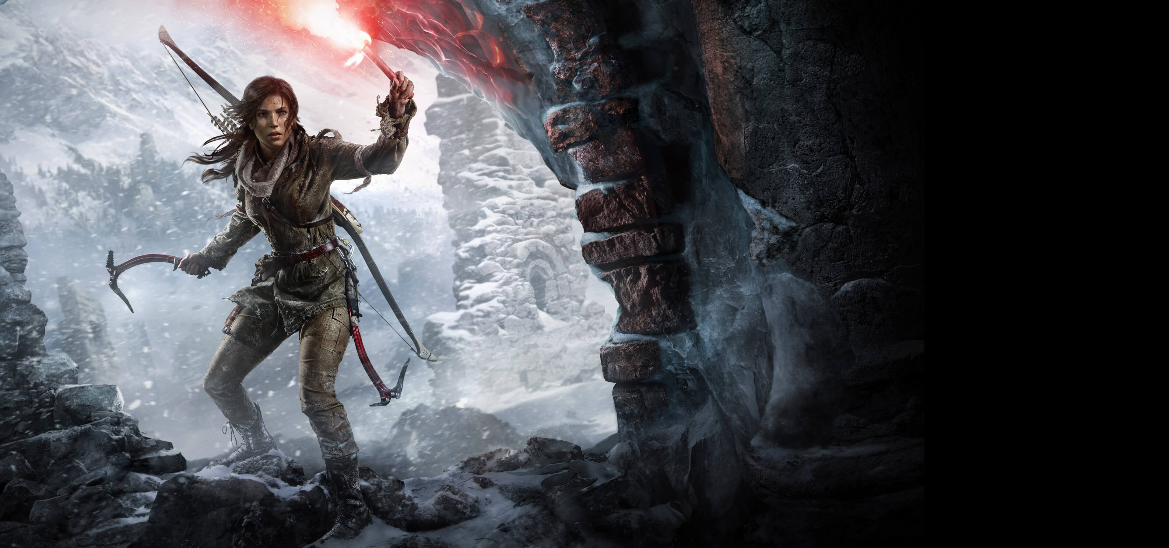 Tomb raider artwork showing Lara in winter gear about to enter a structure during a snowstorm, with a lit flare in her hand