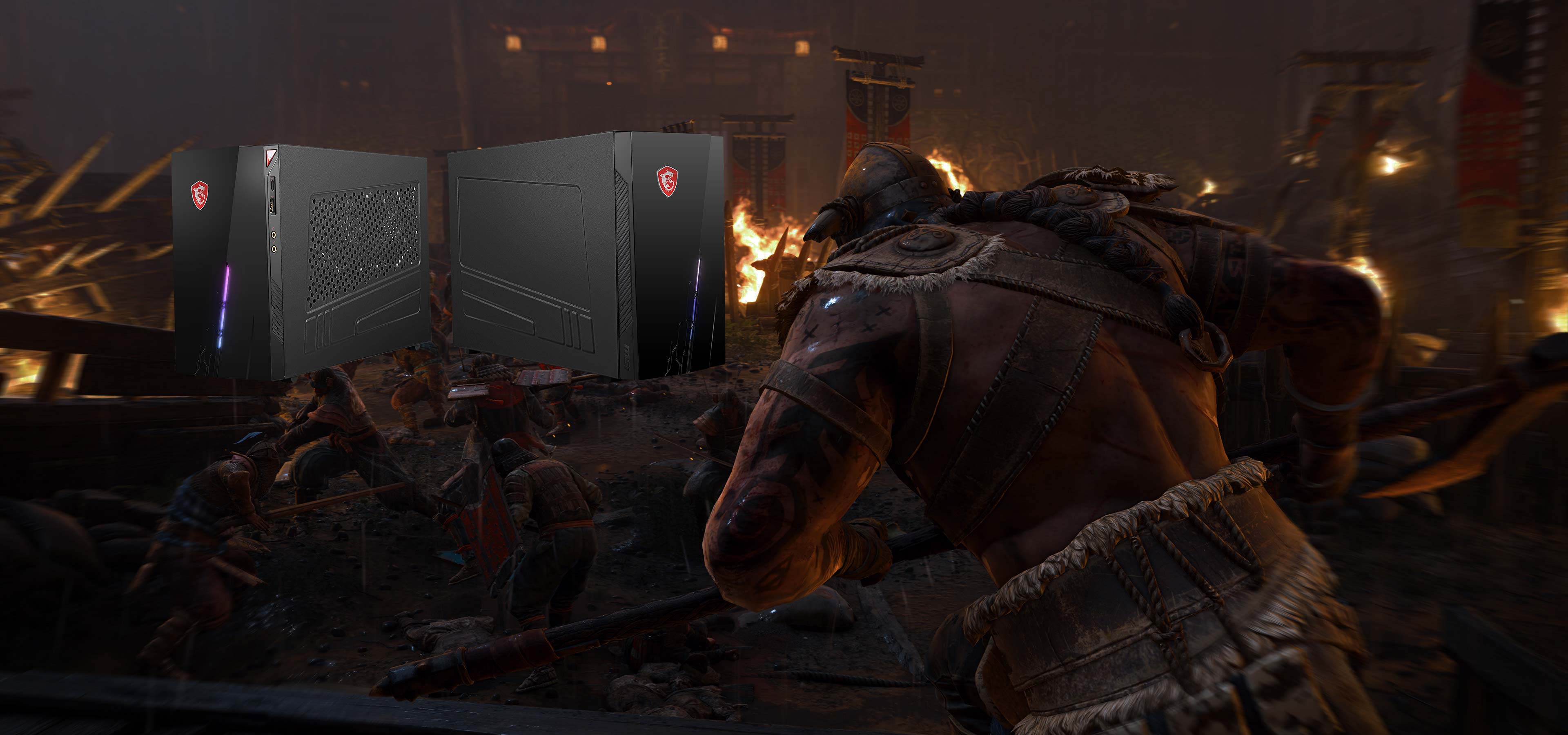 MSI gaming desktop PCs angled to the left and right with a gears of war screenshot in the background