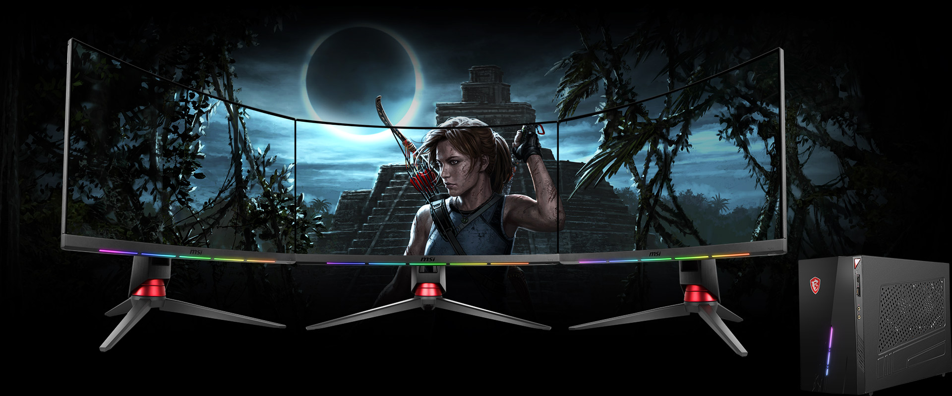 MSI Infinite S desktop PC next to three connected monitors that are sharing and blending with a background image of Tomb Raider artwork, showing Lara with her bow and quiver at her back at night in front of a mayan temple