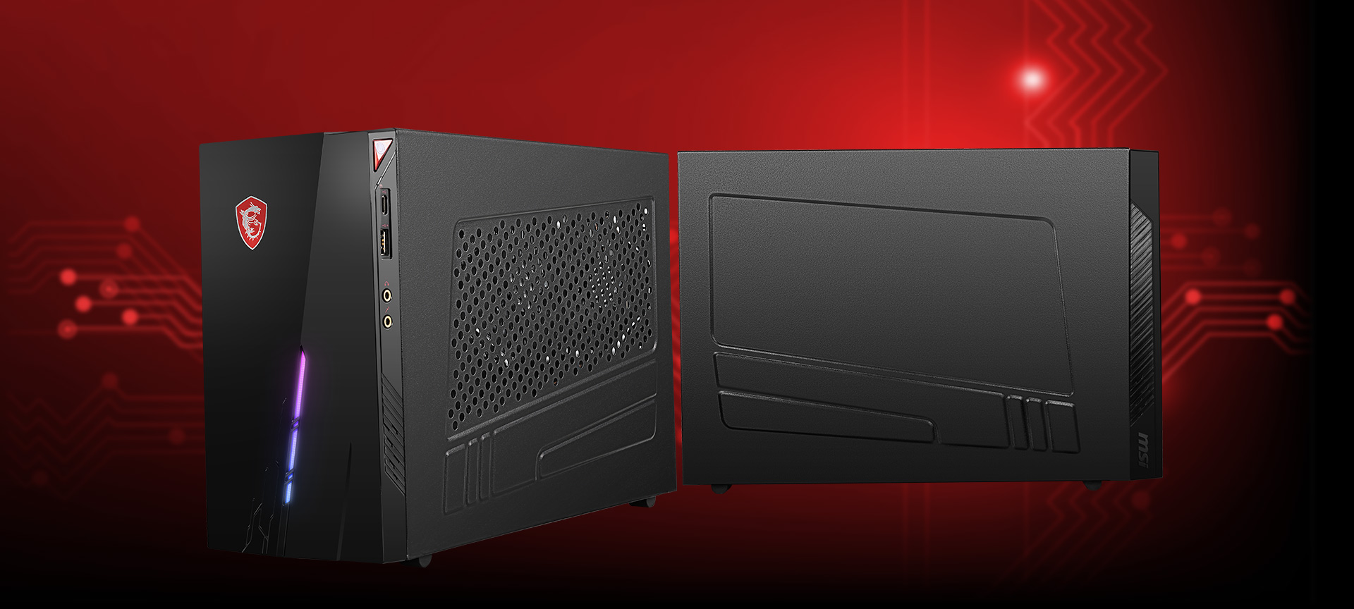 MSI infinite S gaming desktop PCs, one angled to the left and the other facing to the right