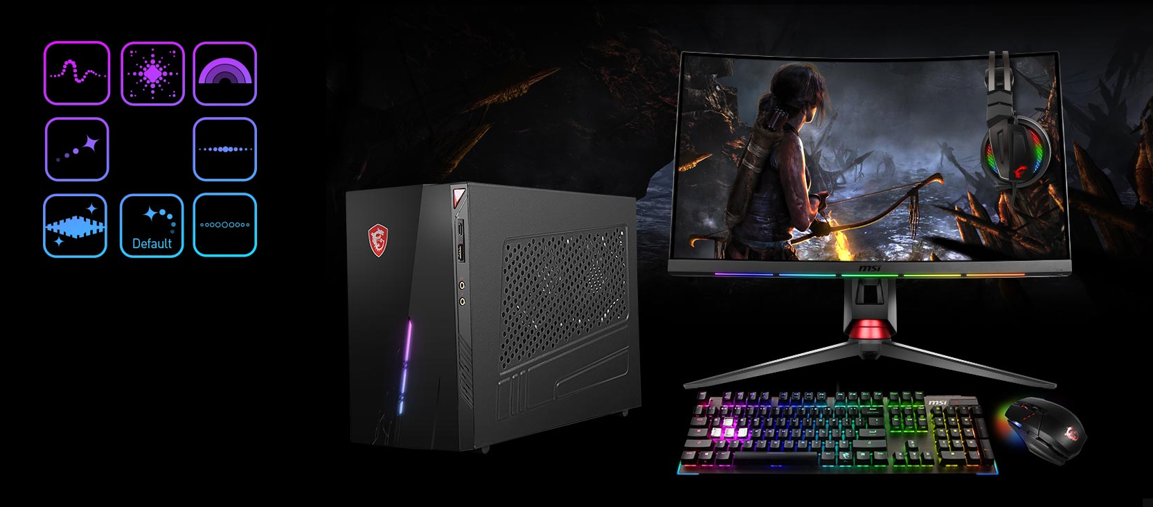 MSI infinite s desktop PC next to RGB-lit keyboard, mouse and monitor with Tomb Raider on screen. To the left of the setup are icons for different lighting effects