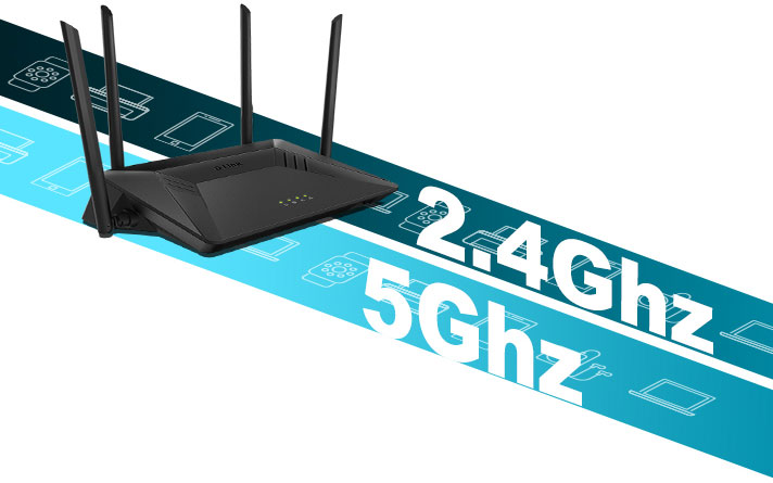 D-Link router angled tot he right next to graphics and text that indicates a 2.4GHz band and 5GHz band