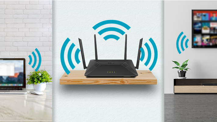 D-Link DIR-867 router facing forward on a mounted wooden shelf with wifi signals coming out from it and an open laptop to the left and a mounted TV in a living room to the right