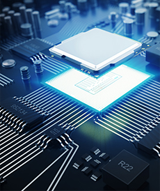 A graphic of the dual-core processor inside the D-Link router, raising up from its glowing socket around the chipset