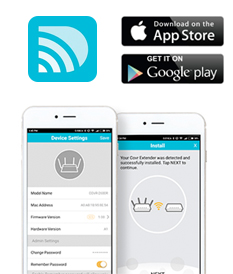 D-Link Wi-Fi App Icon, Badges for the Apple App Store and Google Play store as well as two smartphones facing forward showing two windows from the D-Link Wi-Fi app