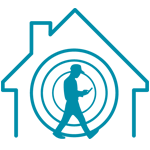 Graphic of the the outline of a home with the silhouette of a man walking looking at his phone inside
