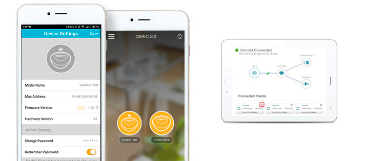 Two smartphones and a tablet showing the different pages of the d-link wi-fi app