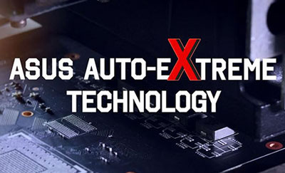  At the center of the image are texts reading as “ASUS auto-extreme technology”. The background is a PCB  