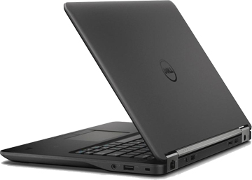    Rear right side angle view of a half-opened Latitude E7450, showing a Dell logo at the center of the upper lid