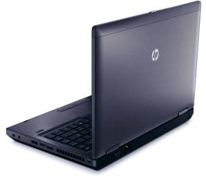   Rear left side angle view of an opened ProBook 6470b, with an HP logo at the center of outside of upper lid 