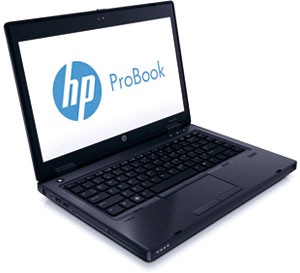  Front left side angle view of an opened ProBook 6470b, with screen showing logo of HP ProBook  