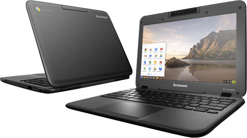   Front right side angle view of an opened N21 Chromebook. Next to it on the left is rear left side angle view of an opened N21 Chromebook, showing Chrome logo and Lenovo brand on LCD cover 