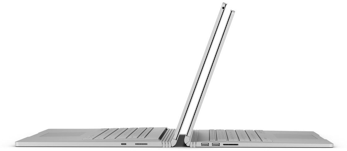  Side view of two opened Surface Book 2 back to back, with the left one being 15” and right one being 13.3”  