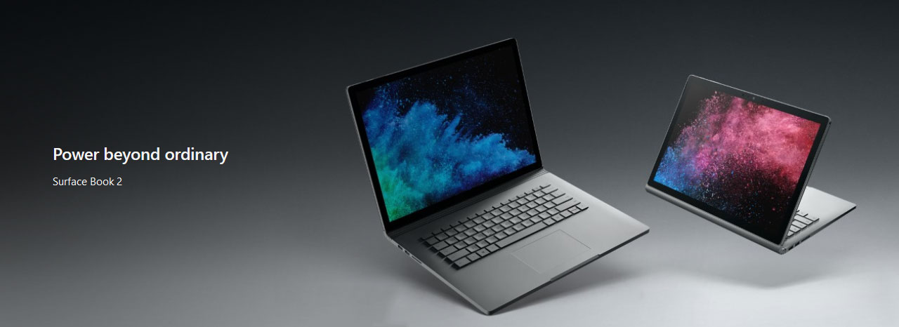  Two Surface Book 2 on display, one laptop mode, and one in stand mode  