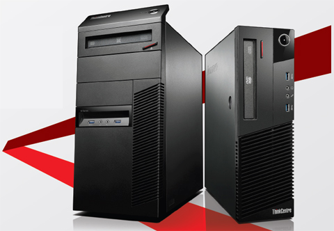 Front view of two ThinkCentre M83 in standing positions: the left one is mini tower angled slightly to the left, and the right one is small form factor angled slightly to the right  